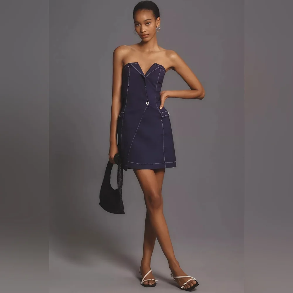 Anthropologie Maeve Strapless Linen Mini Dress Blue Pockets - Picture 2 of 10